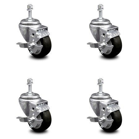 Service Caster 3.5 Inch Black Polyurethane Swivel 3/8 Inch Threaded Stem Caster Set with Brake SCC-TS20S3514-PPUB-BLK-TLB-381615-4